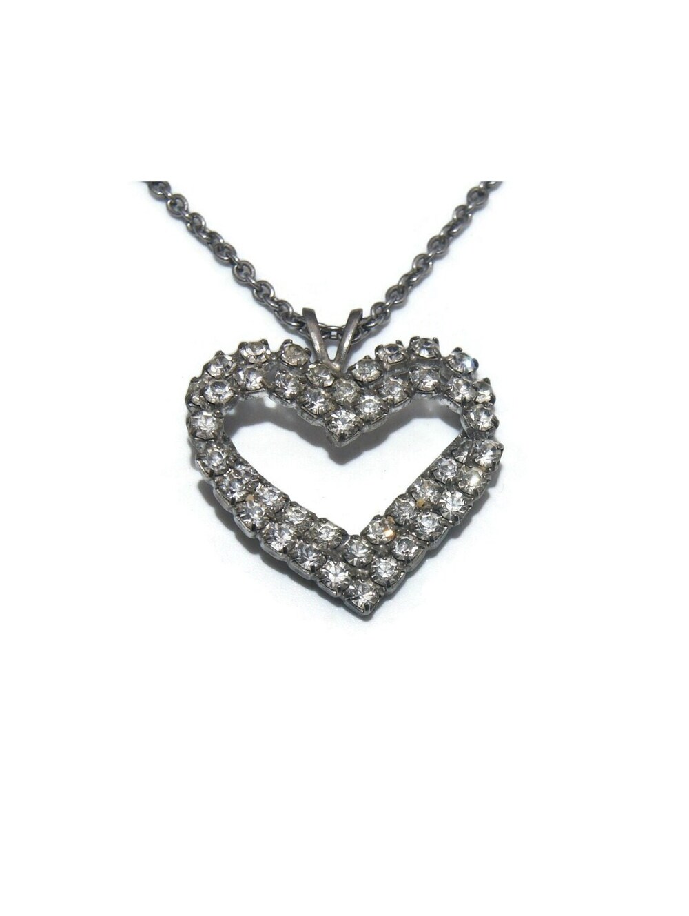 Vintage Silver Tone and Rhinestones Double Heart Pendant Necklace, 18" Necklace.